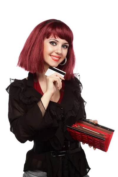 Happy woman holding credit card — Stock Photo, Image