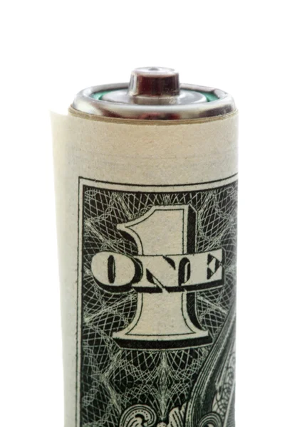 Bateria embrulhada em uma nota de dólar — Fotografia de Stock