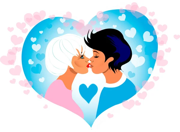 Vector Couple kiss in heart frame — Stock Vector