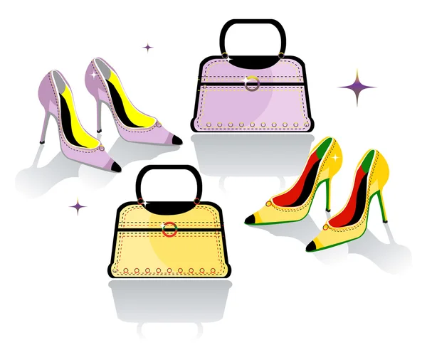 Zapatos de aguja de color y bolso — Vector de stock