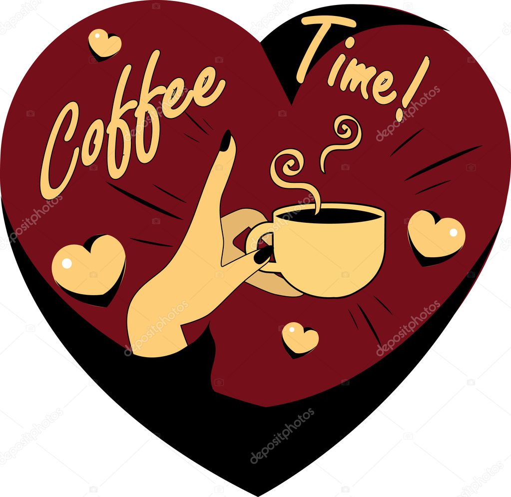 Coffee Lover vector poster with hot cup of coffee in female hand, Coffee time heart icon.One of fashion pinup illustrations