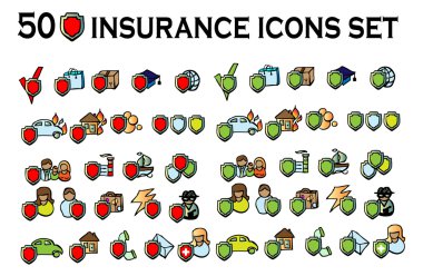 50 insurance icons set, all types clipart