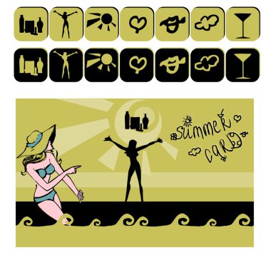 Summer icons card with woman clipart