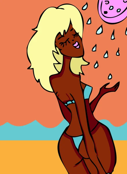 Mulher dos desenhos animados na praia e na água — Fotografia de Stock