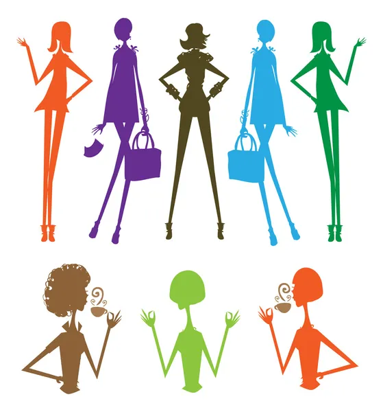 Moda kızlar grup siluet — Stok fotoğraf