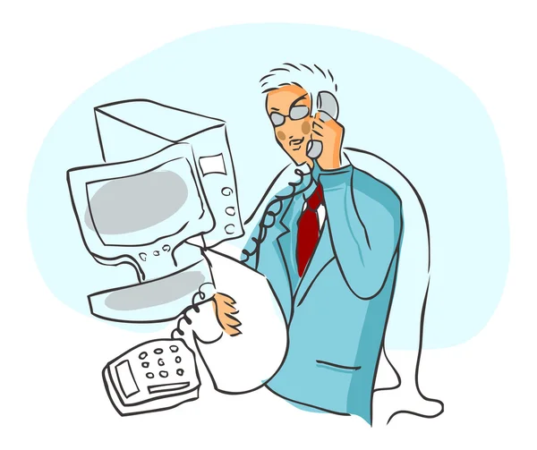 Biznesmen rozmawia przez telefon, komputer — Zdjęcie stockowe