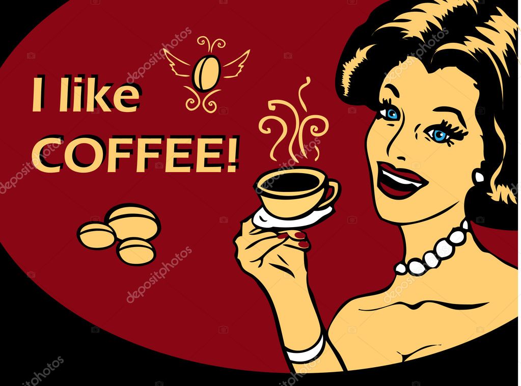 Coffee Lover poster with woman and cup of coffee in hand, Coffee time logo heart icon.One of fashion pinup illustrations