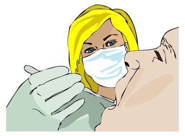 Woman dentist and patient open mouth, medical i clipart