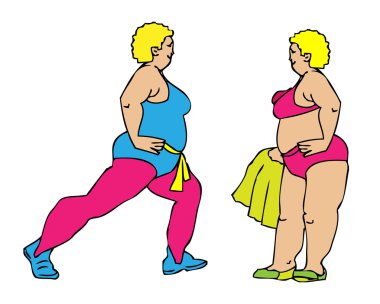 Fat woman at sport - fitness, gym, swimming icon clipart