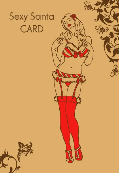 Σέξι santa Χριστουγεννιάτικη κάρτα με γυναίκα που β grunge — Φωτογραφία Αρχείου