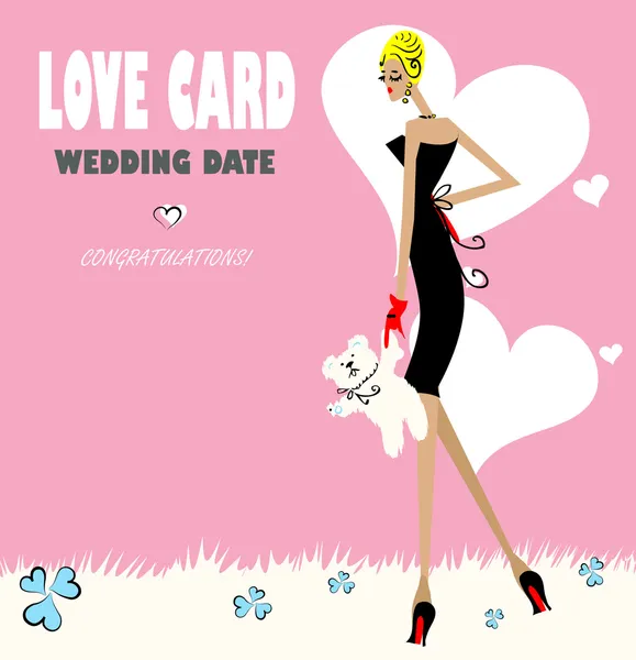 Glamour mode kärlek kort med kvinna & bära post — Stockfoto