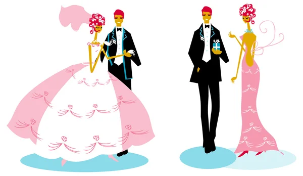 Groep bruiloft, bruid en bruidegom roze blauw — Stockfoto
