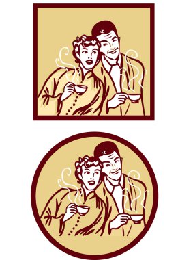 Coffee or tea retro card poster. Woman and man w clipart