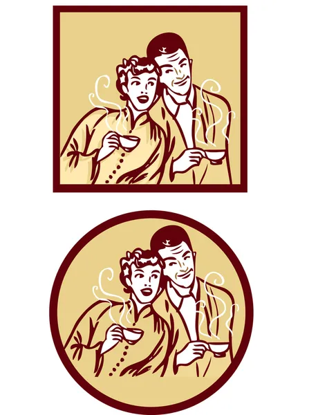 Coffee or tea retro card poster. Woman and man w — Stock Photo, Image