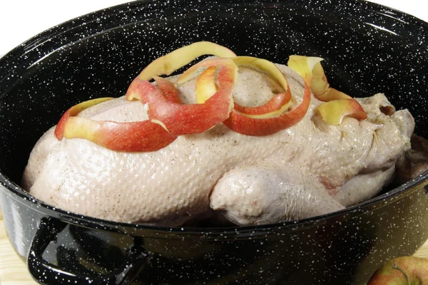 Raw goose in a pot — Stock Photo, Image