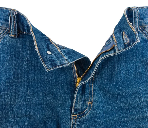Closeup of zipper in blue jeans — Stock Photo, Image