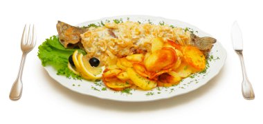 River trout with potatoes and greens clipart