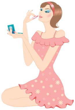 Pretty woman making-up looks in mirror clipart
