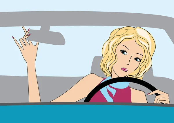 Driver girl look at the mirror — Stock Vector