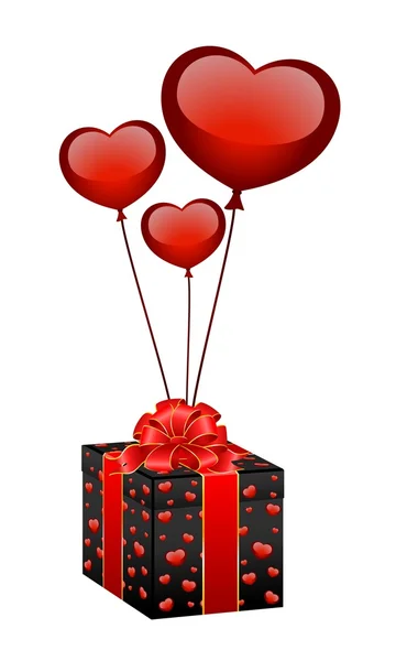 Gift with balloons in form hearts — Stock Vector