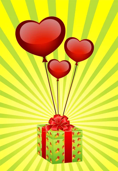 Подарунок з повітряними кулями у вигляді сердець — стоковий вектор