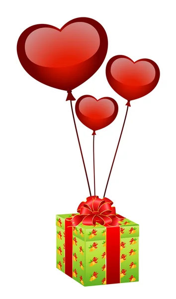 Gift with balloons in form hearts — Stock Vector