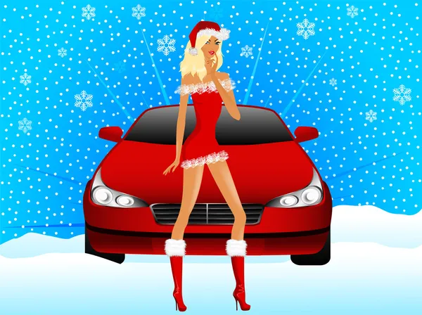 Jeune fille des neiges sur fond une voiture — Image vectorielle
