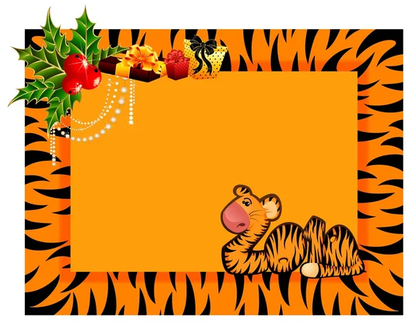 Pequeño tigre en un marco de Navidad — Archivo Imágenes Vectoriales