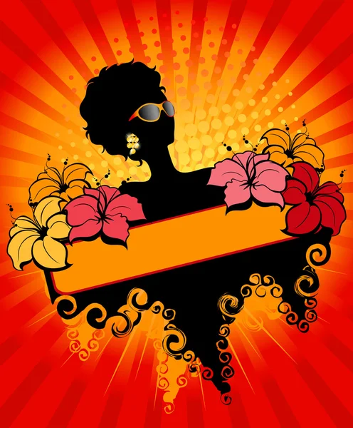 Banner con flores y chica africana — Vector de stock
