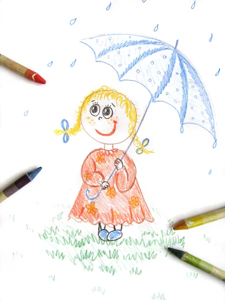 Dziecko dziewczynka z parasolem, rysunek — Zdjęcie stockowe