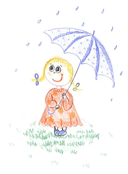 Çocuk kızla çizim şemsiye, — Stok fotoğraf