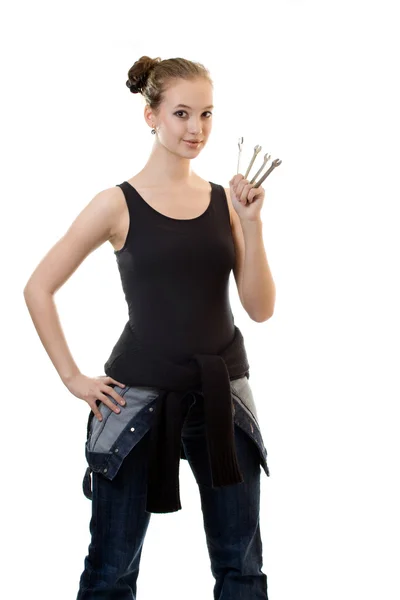 Girl with a tool — Stock Photo, Image