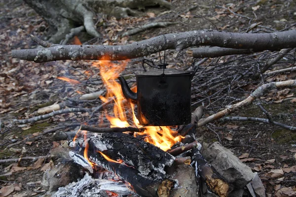 Kettle on a fire — Stock Photo, Image