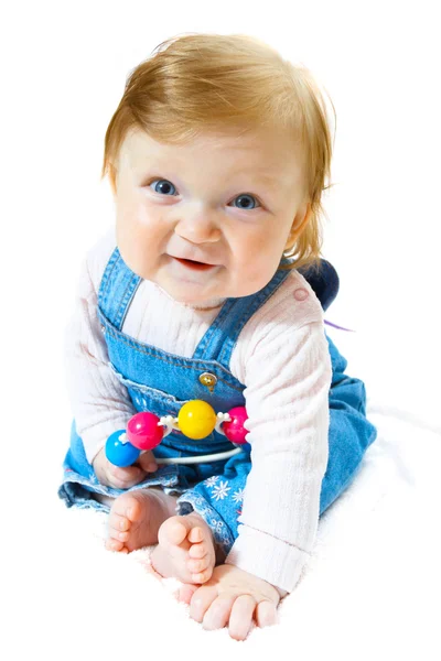 Criança sorridente em terno de calça de ganga — Fotografia de Stock