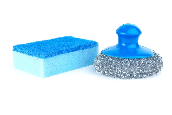 Metal scrub and blue sponge — Stock Photo, Image