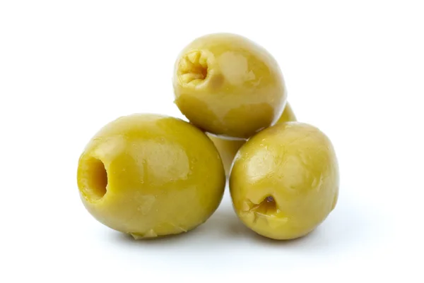 Trzy marynowanych zielonych oliwek bez pestek — Zdjęcie stockowe