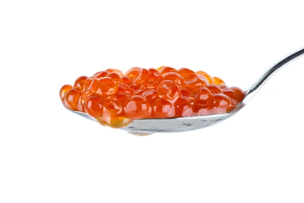 Small metal spoon with red caviar — Stock Photo, Image