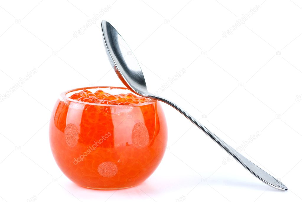 Glass bowl filled with red caviar