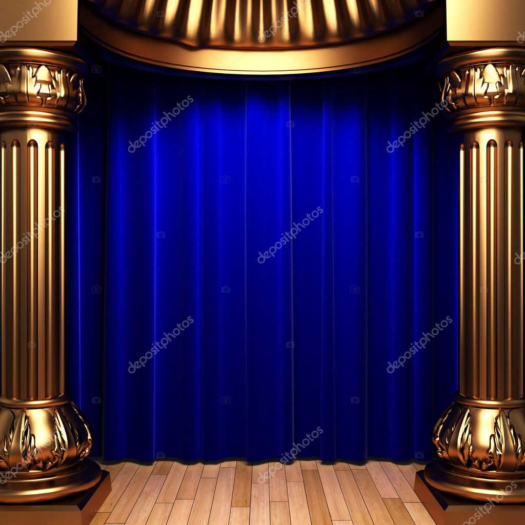 Blauwe velours gordijnen achter het goud — Stockfoto © icetray #1733729 Blauwe velours gordijnen achter het goud — Stockfoto © icetray #1733729