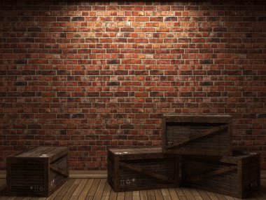 Illuminated brick wall and boxes