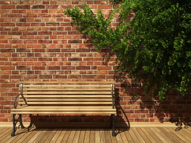 Illuminated brick wall and bench