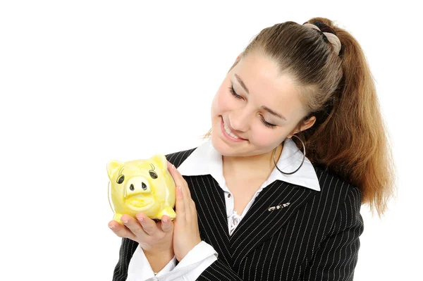 Geschäftsfrau schaut auf ihre Ersparnisse — Stockfoto