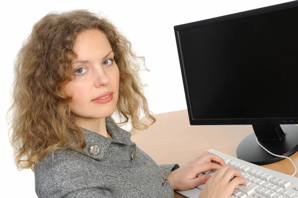 Portret van de vrouw met een computer — Stockfoto