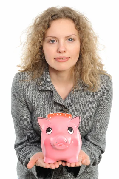 Frau mit Sparschwein — Stockfoto
