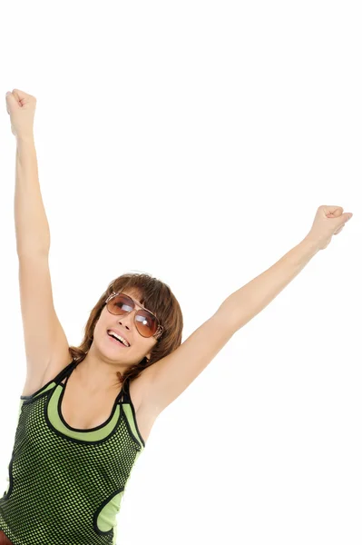 Girl jumping of joy over a white backgro — Stock Photo, Image