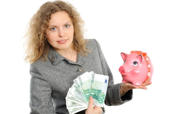 Mulher de negócios com um piggybank isolado — Fotografia de Stock