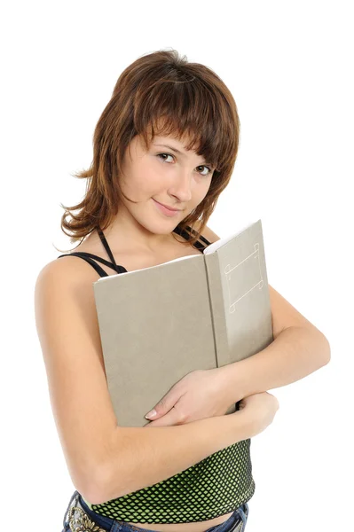 Tjej tonåring med boken leenden — Stockfoto
