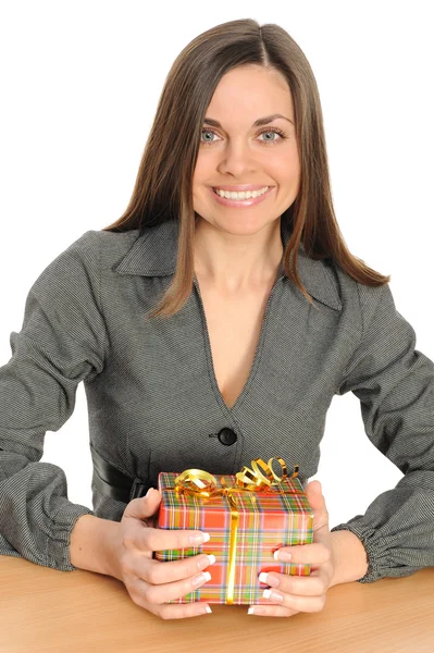 The happy woman with the gift, — Stock Photo, Image