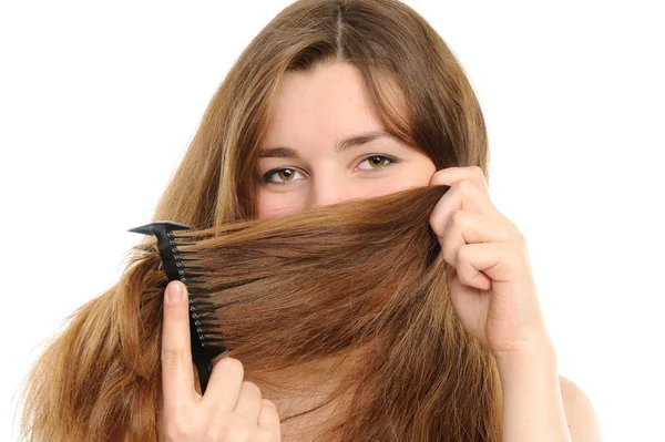 Cobertura de mulher de cabelo um nariz e lábios — Fotografia de Stock