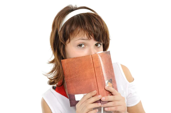 Close up jovem mulher com o livro — Fotografia de Stock